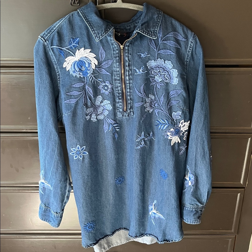 Johnny Was - Dark Blue Embroidered Chambray Tunic- Jazmine zip up - Picture 2 of 11